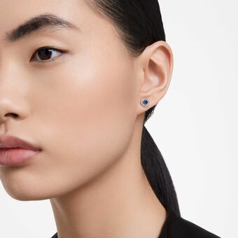 swarovski angelic stud earrings  square cut  blue  rhodium plated