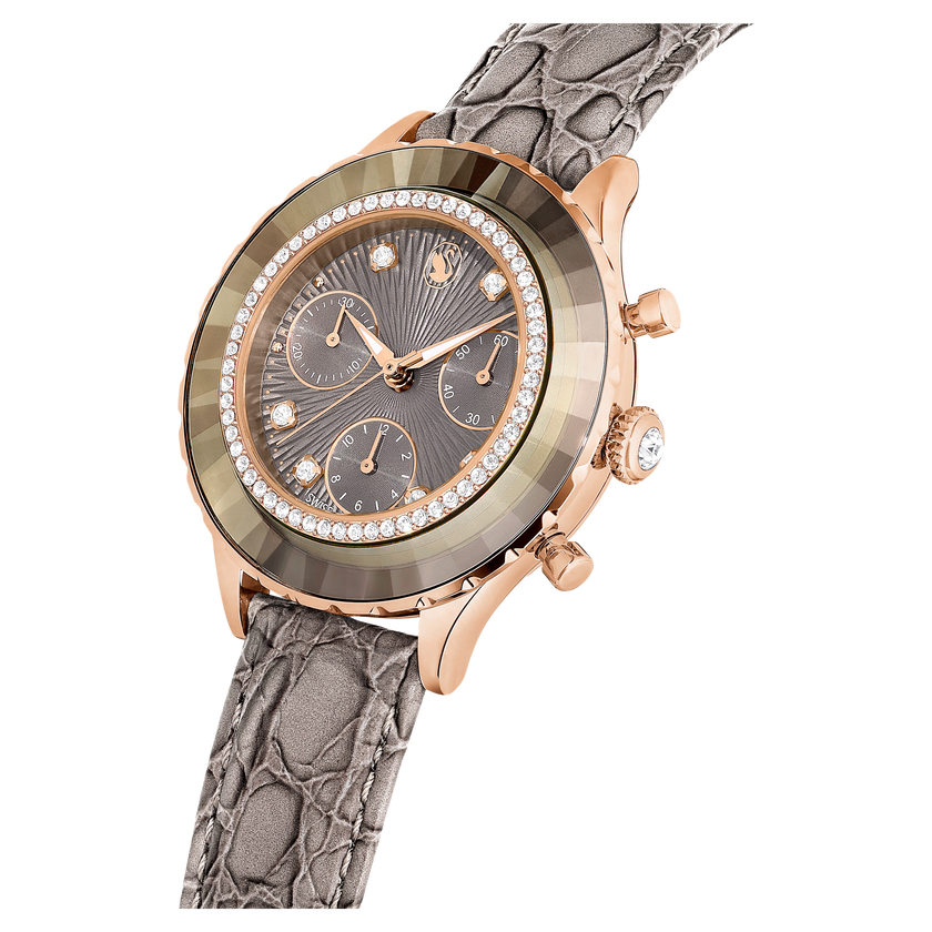 swarovski octea chrono watch  swiss made  leather strap  gray  rose gold tone finish