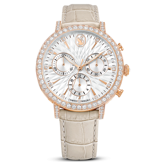 swarovski matrix tennis chrono watch swiss made leather strap beige rose gold tone finish