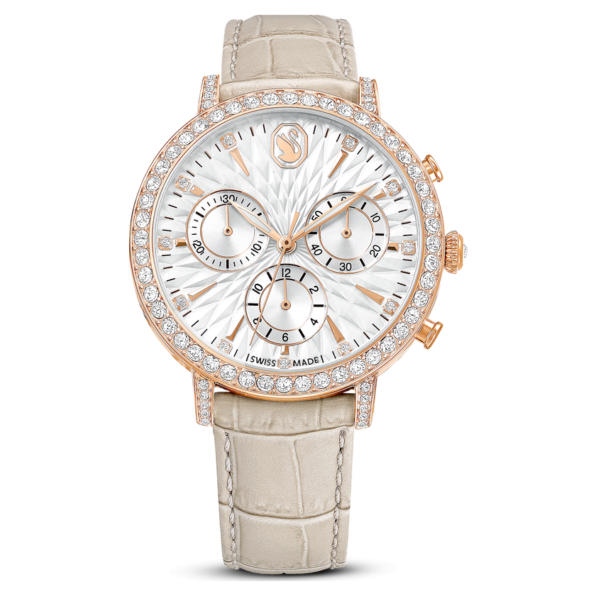 swarovski matrix tennis chrono watch  swiss made  leather strap  beige  rose gold tone finish
