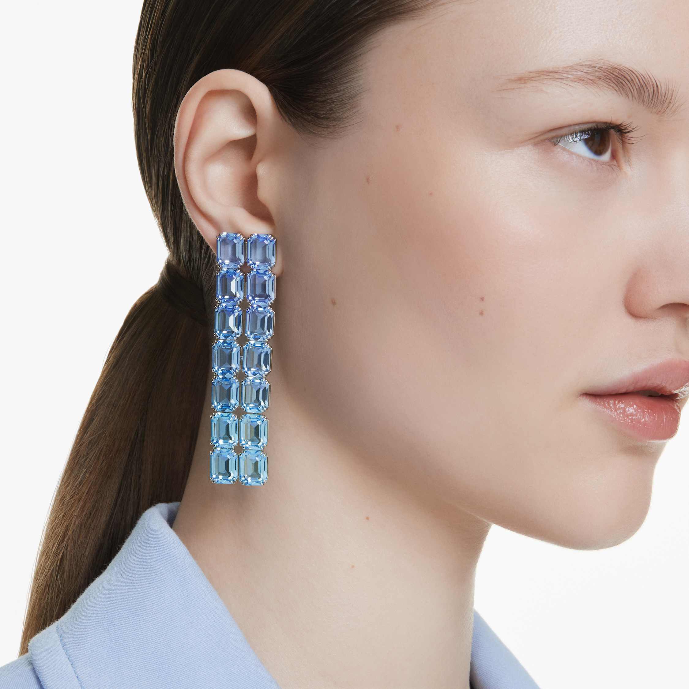 Buy Swarovski Millenia clip earrings Octagon cut Color gradient Long Blue Rhodium plated
