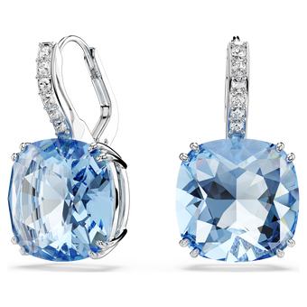 swarovski millenia drop earrings  cushion cut  blue  rhodium plated