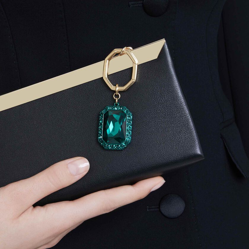 swarovski key ring  octagon cut  green  mixed metal finish