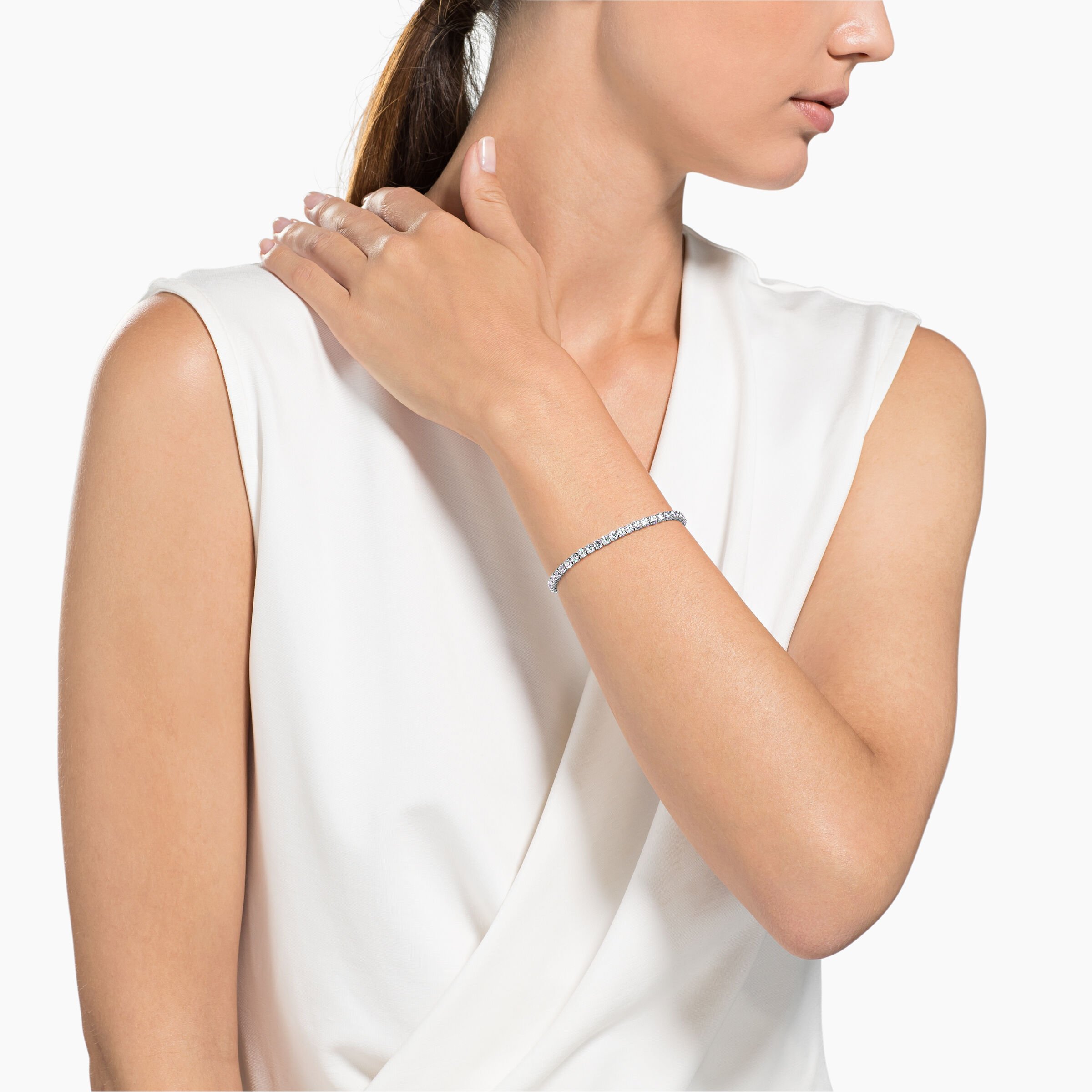 Tennis Round Deluxe Bracelet, White, Rhodium Plating Tennis Round Deluxe Bracelet, White, Rhodium Plating