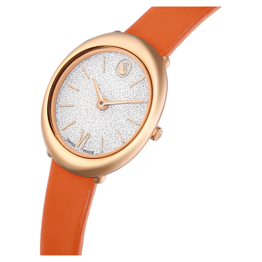 swarovski imber oval watch  swiss made  leather strap  orange  rose gold tone finish