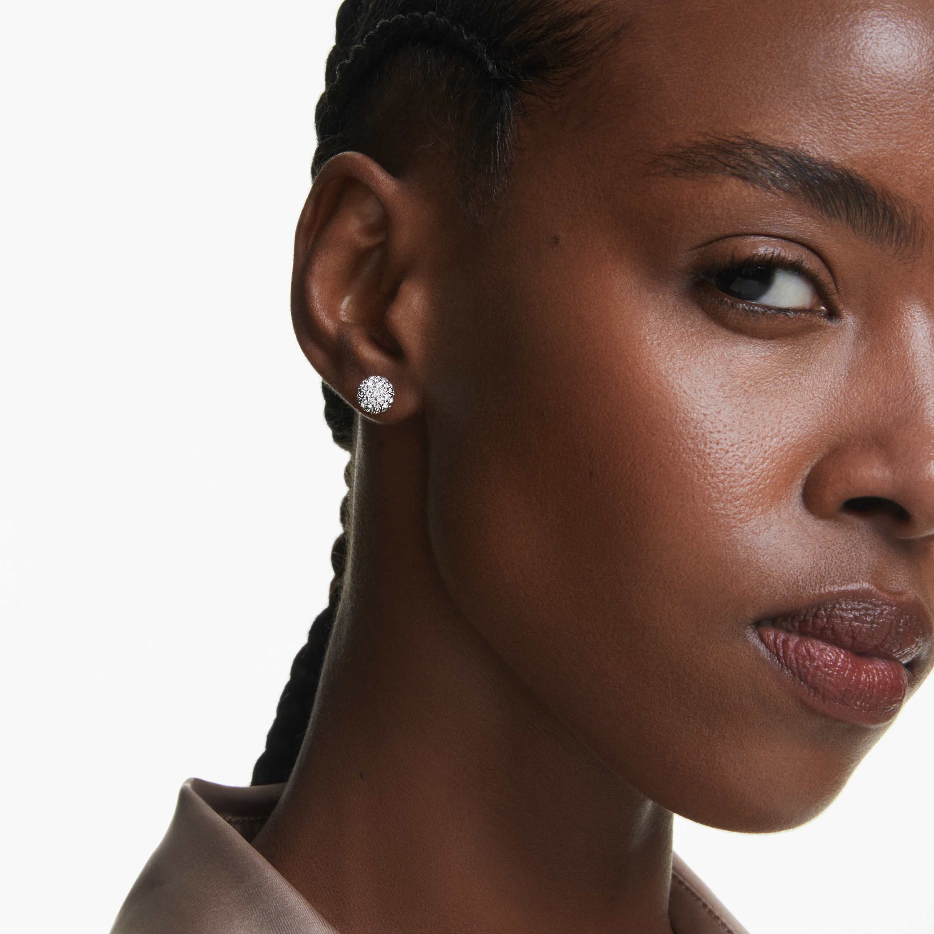 swarovski dextera stud earrings  round cut  sphere  white  rhodium plated