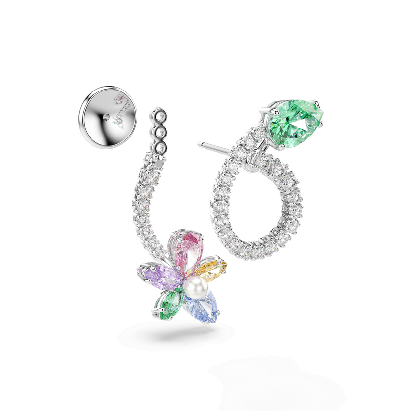 ariana grande x swarovski drop earrings with ear jacket  mixed cuts  dragonfly  flower  multicolored  rhodium plated