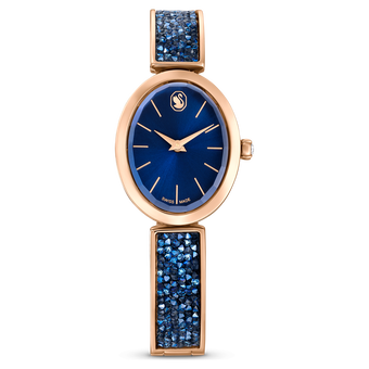 swarovski crystal rock oval watch swiss made metal bracelet blue rose gold tone finish