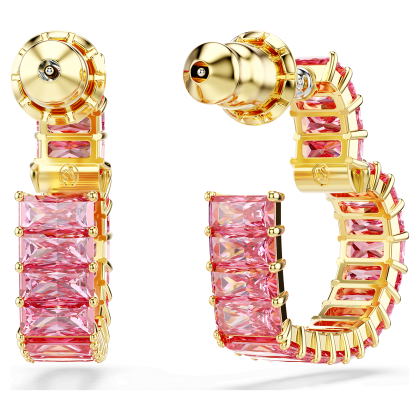 swarovski matrix hoop earrings  baguette cut  heart  small  pink  gold tone plated
