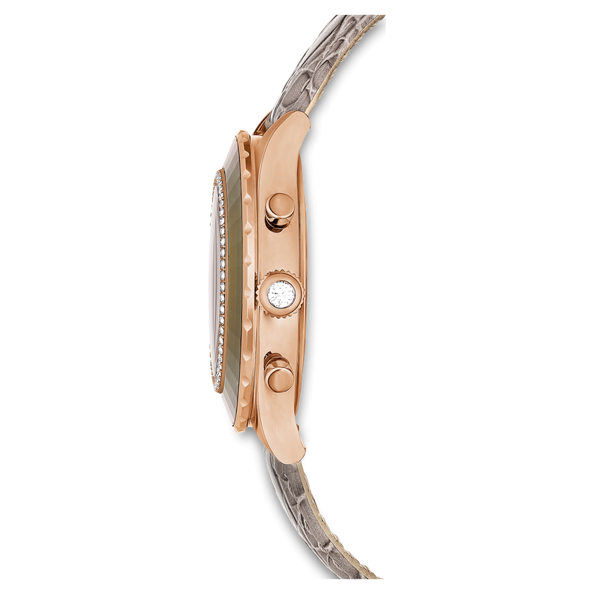 swarovski octea chrono watch  swiss made  leather strap  gray  rose gold tone finish
