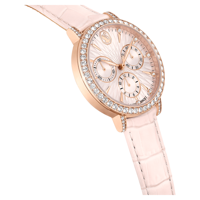 swarovski matrix tennis chrono watch  swiss made  leather strap  pink  rose gold tone finish