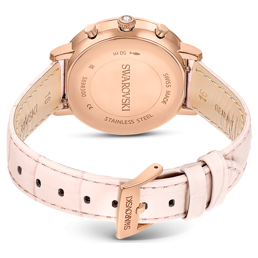 swarovski matrix tennis chrono watch  swiss made  leather strap  pink  rose gold tone finish