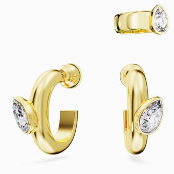 Dextera hoop earrings with ear cuff, Set (3), Pear cut, White, Gold-tone plated