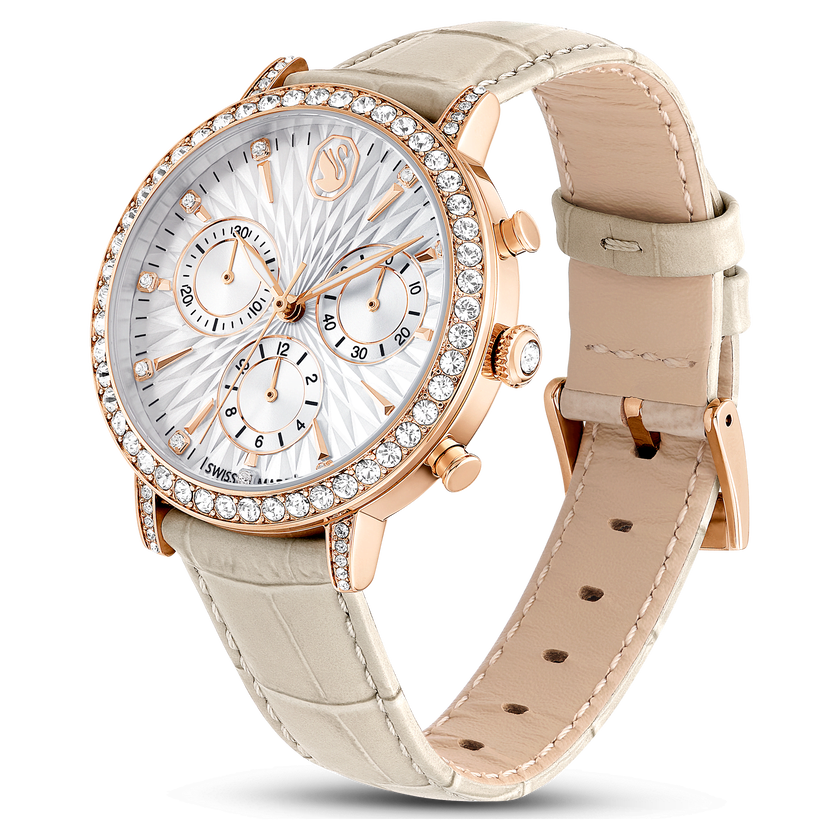swarovski matrix tennis chrono watch  swiss made  leather strap  beige  rose gold tone finish