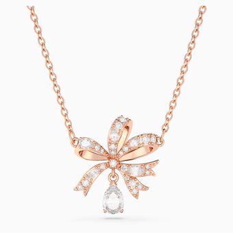Volta necklace, Bow, Small, White, Rose gold-tone plated