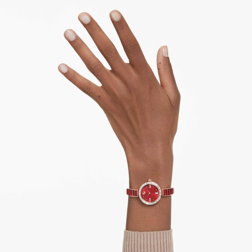 swarovski matrix bangle watch  swiss made  crystal bracelet  red  rose gold tone finish
