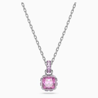 Birthstone pendant, Square cut, February, Pink, Rhodium plated