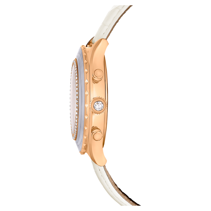 swarovski octea chrono watch  swiss made  leather strap  white  rose gold tone finish