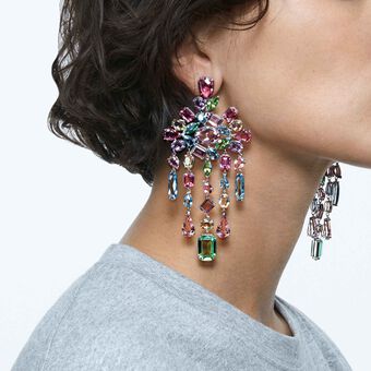 swarovski gema clip earrings  chandelier  multicolored  rhodium plated