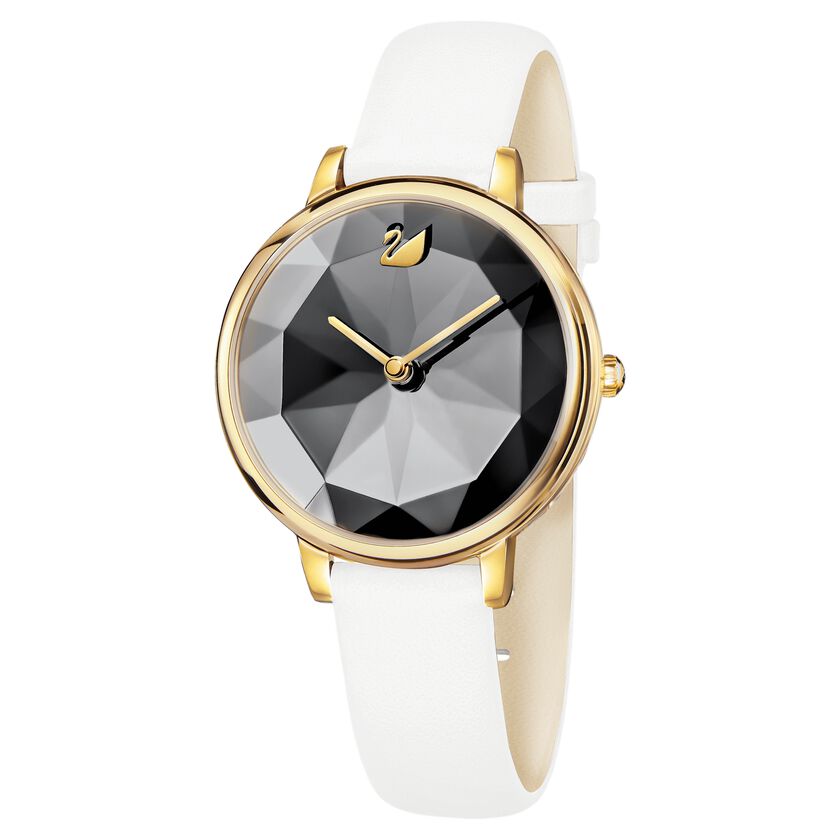 Crystal Lake Watch, Leather Strap, White, Gold Tone