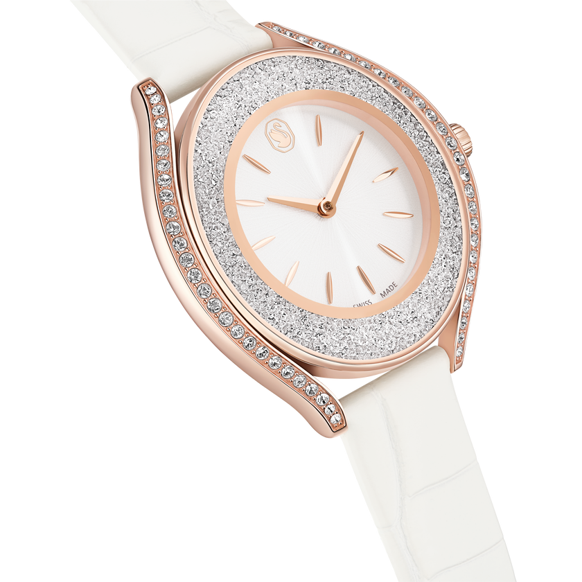 swarovski crystalline aura watch  swiss made  leather strap  white  rose gold tone finish
