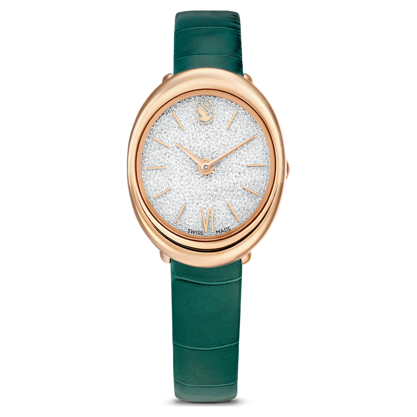swarovski imber oval watch  swiss made  leather strap  green  rose gold tone finish
