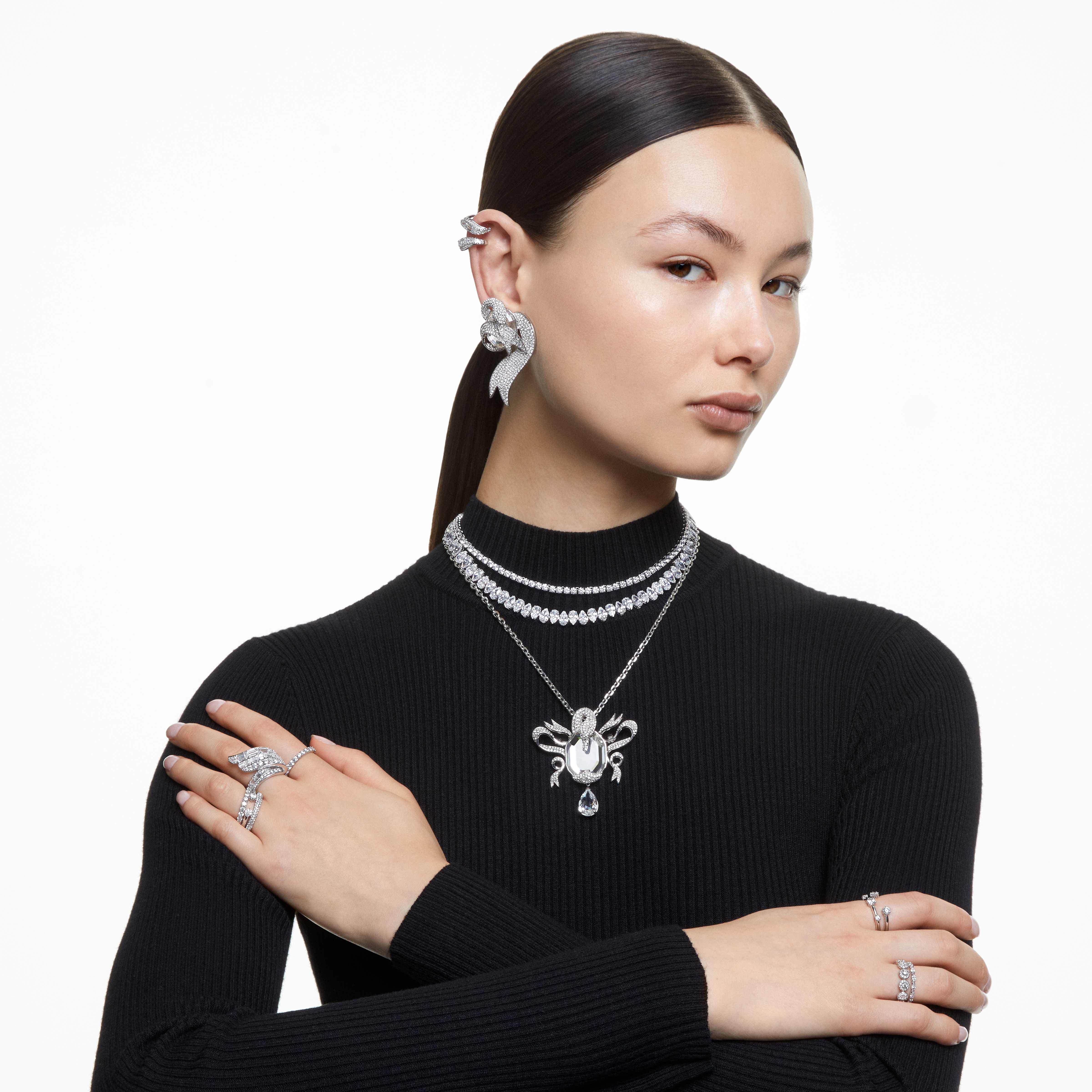 swarovski constella ring  set  2   round cut  white  rhodium plated