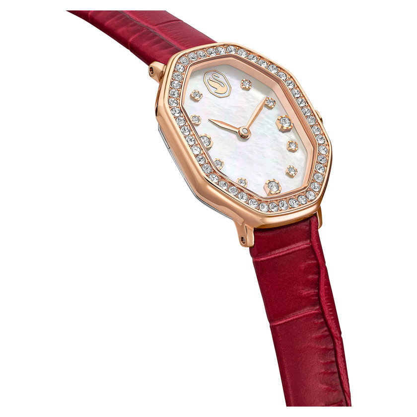 swarovski dextera octagon watch  swiss made  leather strap  red  rose gold tone finish