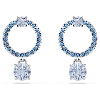 swarovski attract drop earrings  round cut  blue  rhodium plated