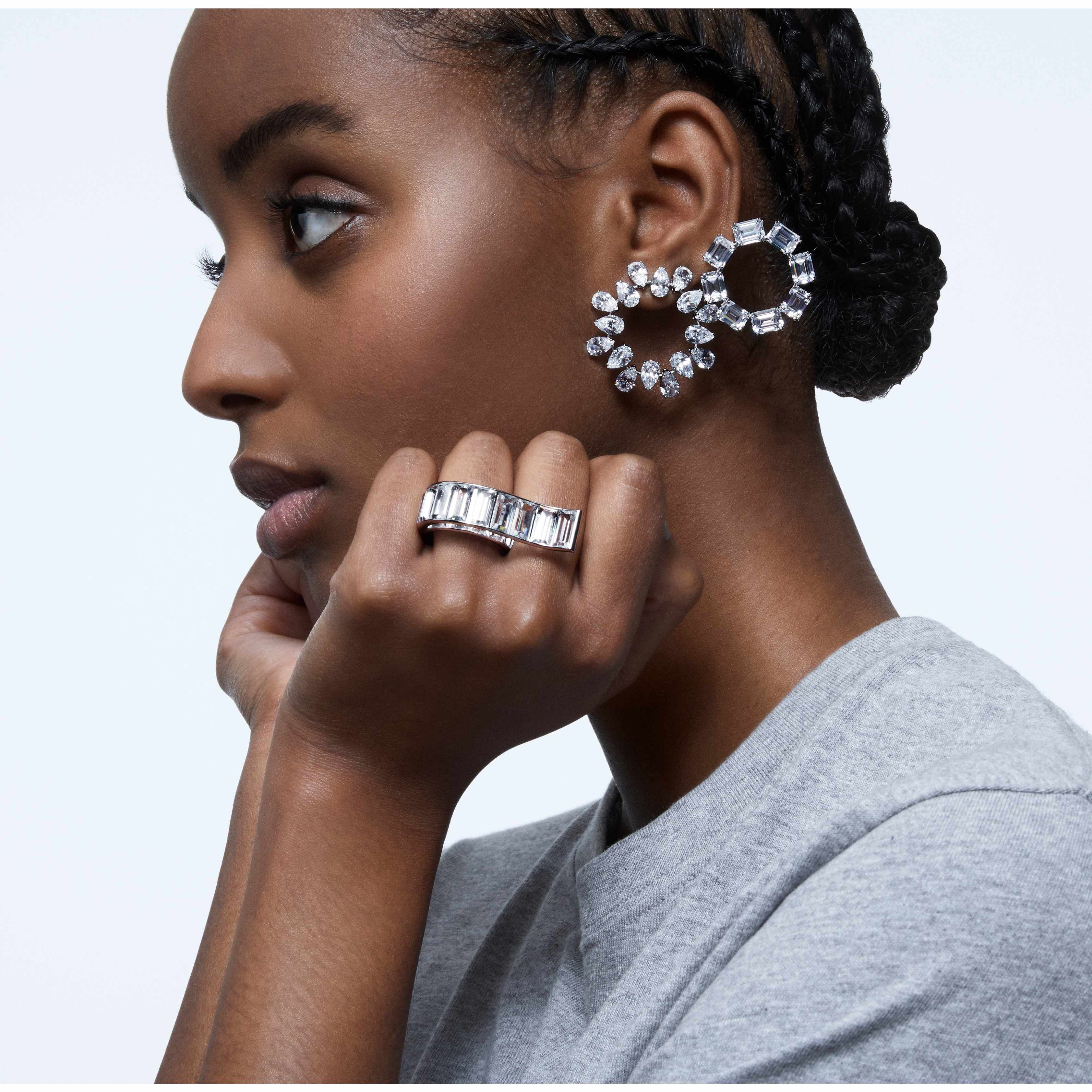 swarovski matrix hoop earrings  pear cut  white  rhodium plated