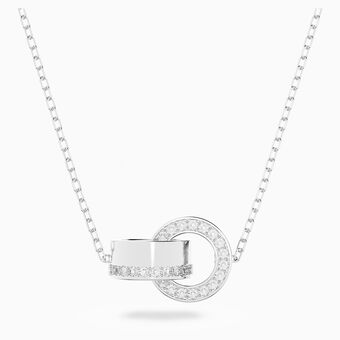 Hollow pendant, Interlocking loop, White, Rhodium plated
