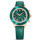 swarovski octea chrono watch swiss made leather strap green rose gold tone finish