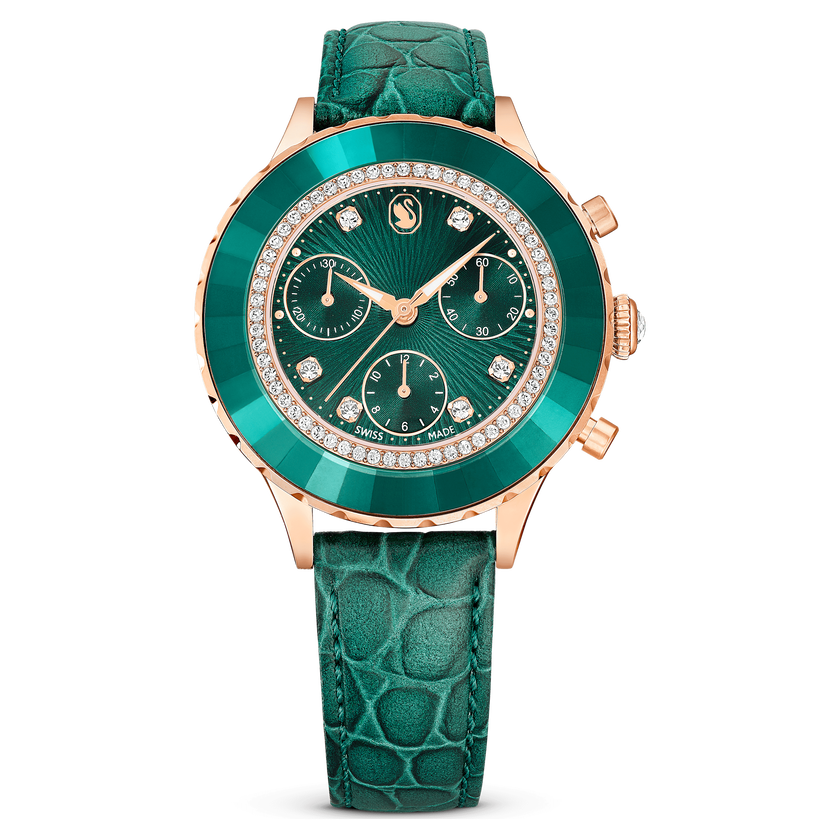 swarovski octea chrono watch  swiss made  leather strap  green  rose gold tone finish