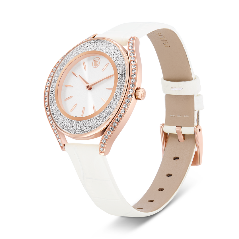 swarovski crystalline aura watch  swiss made  leather strap  white  rose gold tone finish