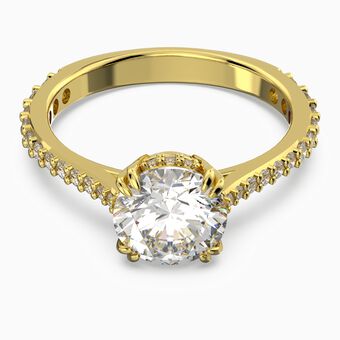 Constella cocktail ring, Princess cut, Pavé, White, Gold-tone plated