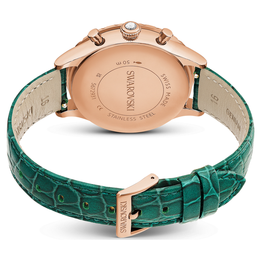 swarovski octea chrono watch  swiss made  leather strap  green  rose gold tone finish
