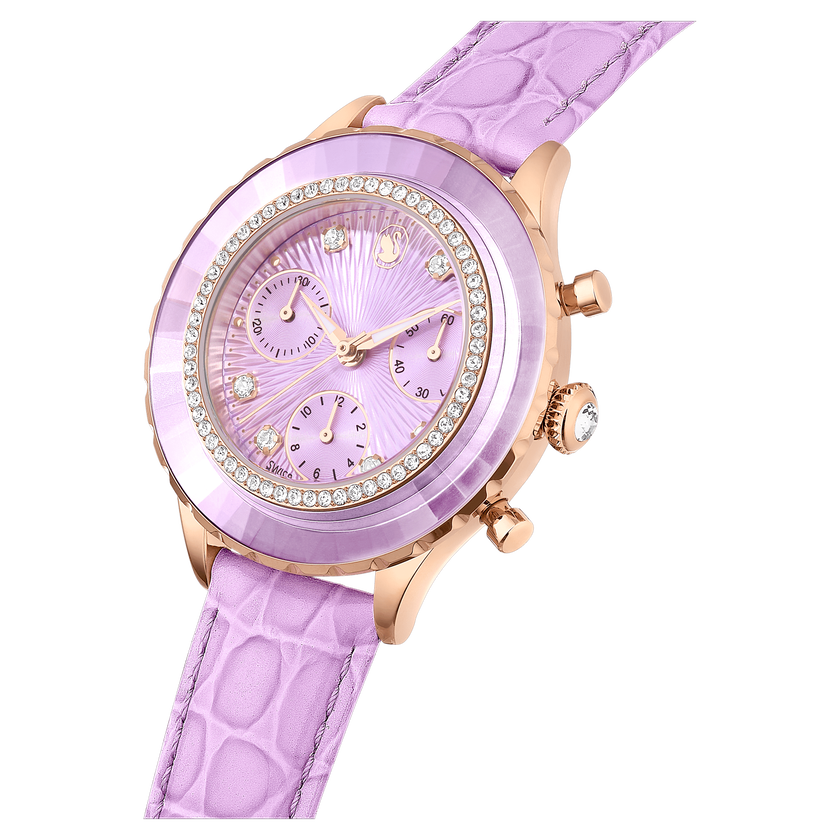 swarovski octea chrono watch  swiss made  leather strap  purple  rose gold tone finish
