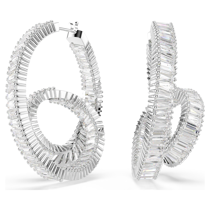 swarovski matrix hoop earrings  baguette cut  ribbon  white  rhodium plated