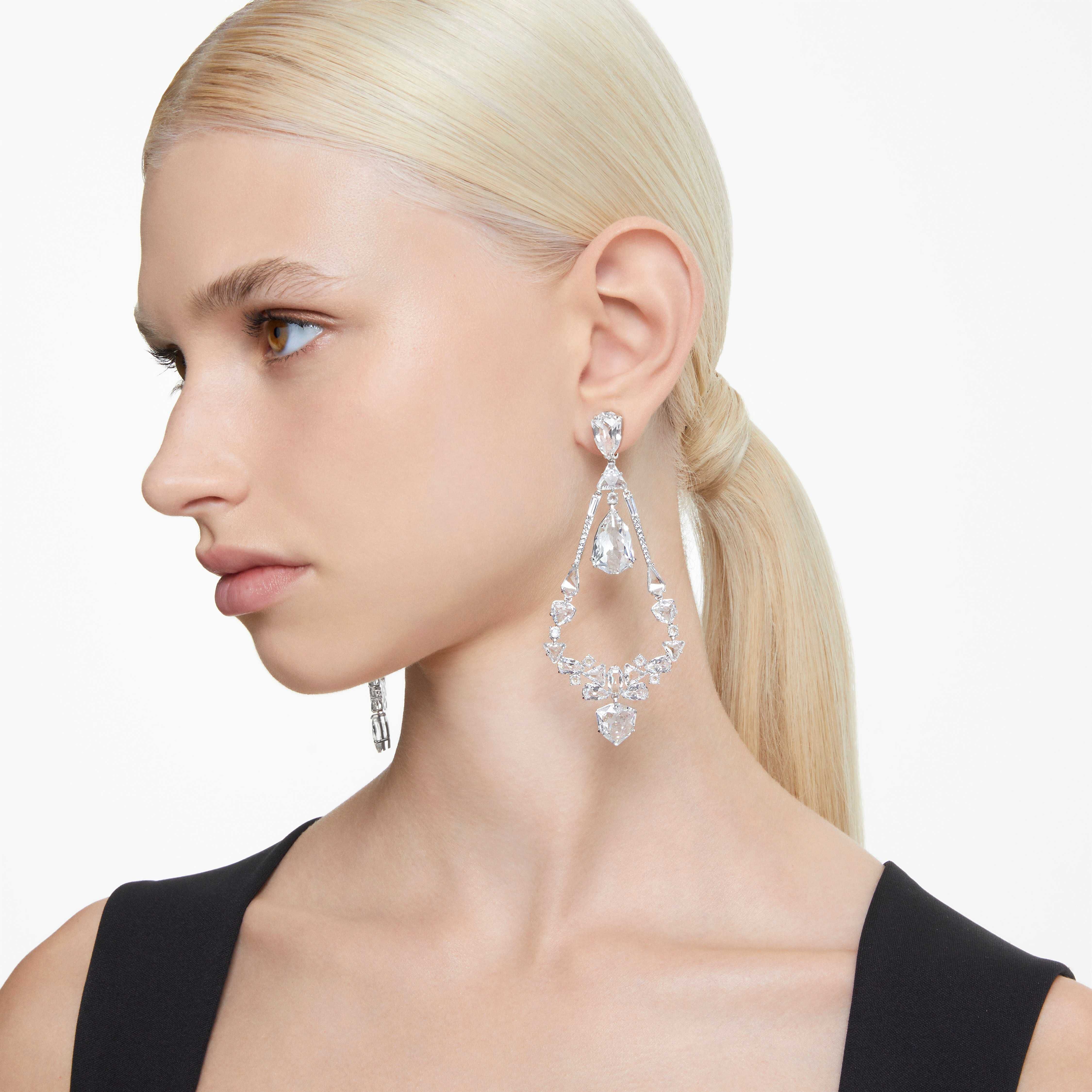 Buy Swarovski Mesmera clip earrings Mixed cuts Chandelier Long White Rhodium plated