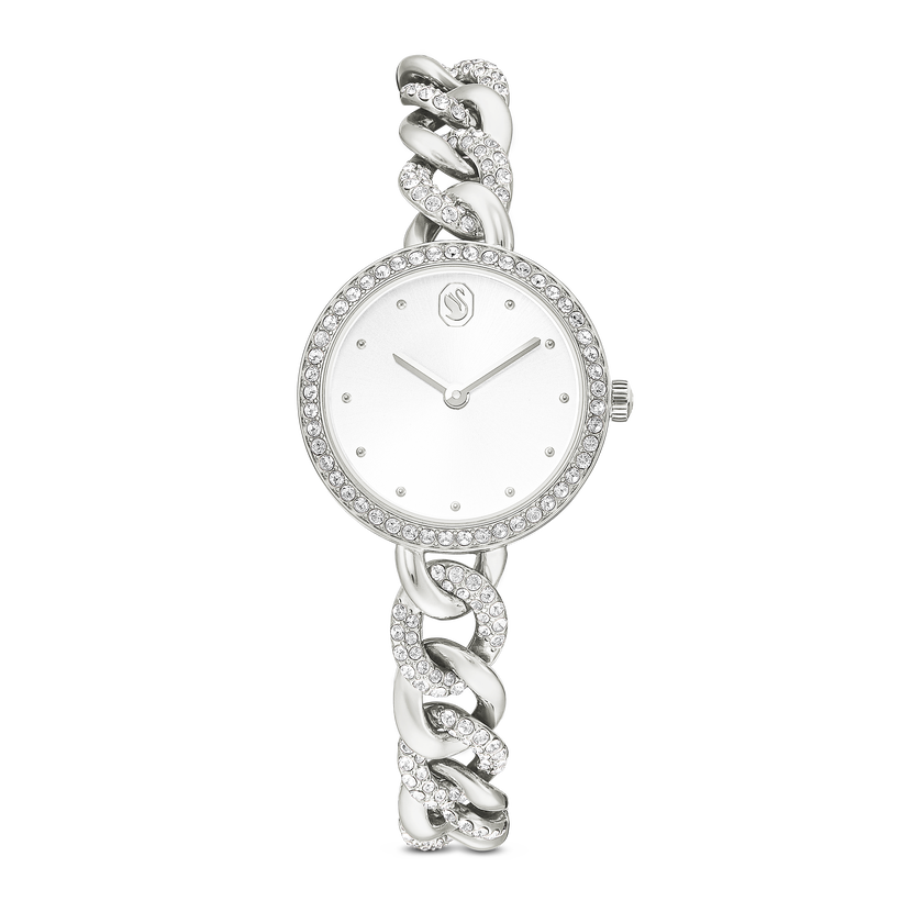 swarovski cocktail round watch  metal bracelet  silver tone  stainless steel