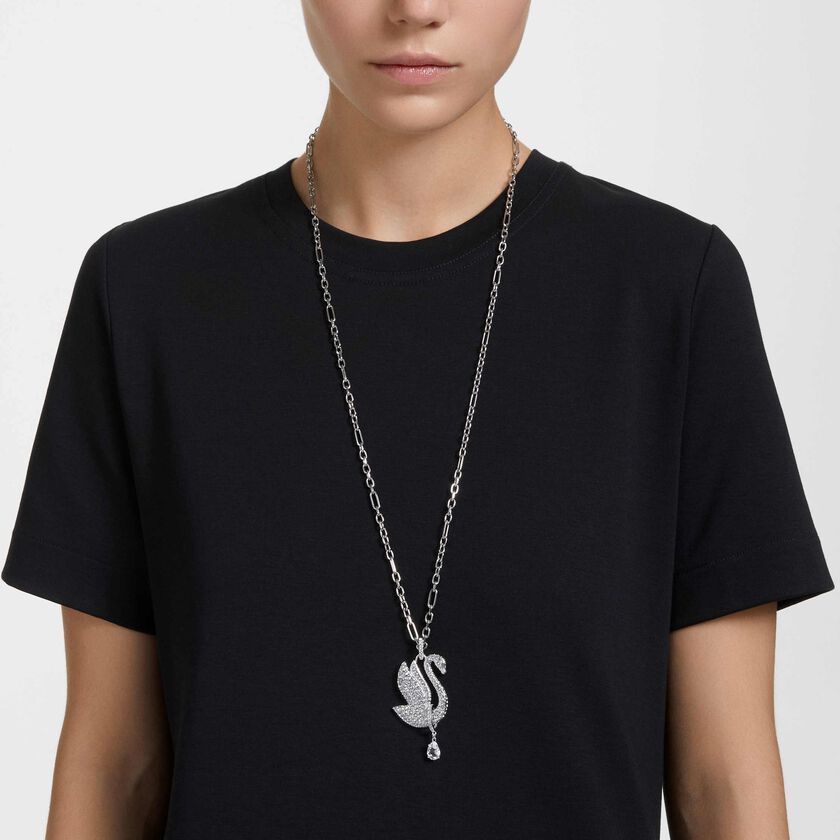 swarovski swan necklace  swan  long  white  rhodium plated