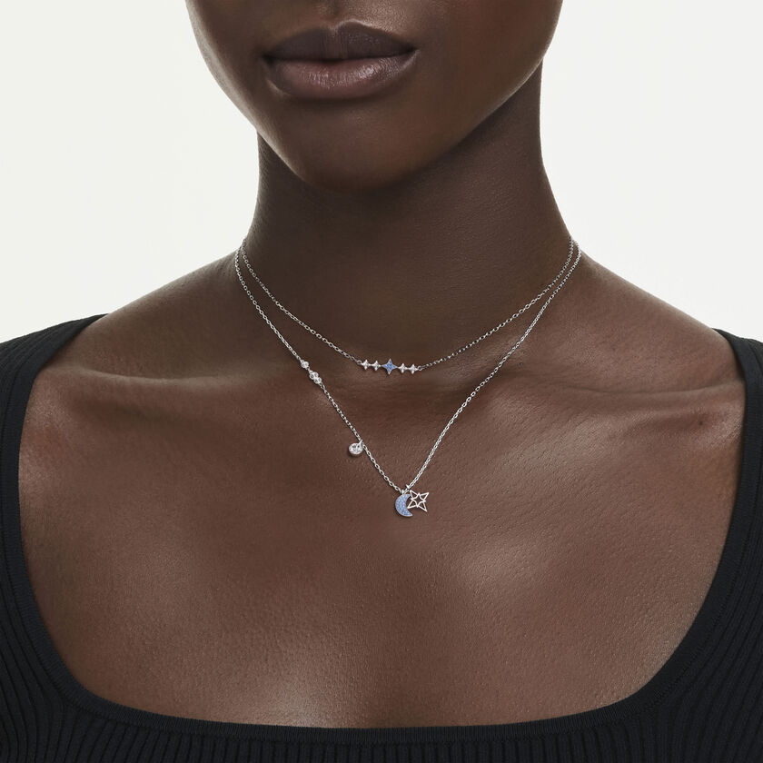 swarovski symbolica necklace  round cut  moon  blue  rhodium plated