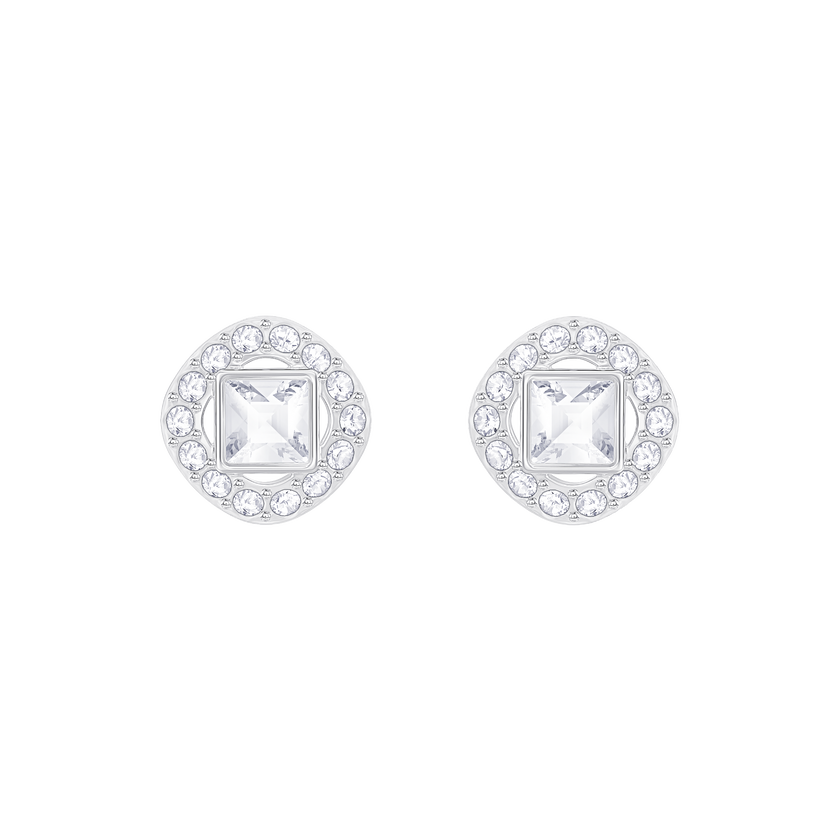 Angelic Square Pierced Earrings, White, Rhodium Plated