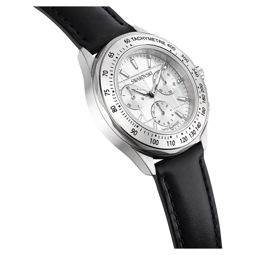 swarovski dextera tachymetre watch  swiss made  leather strap  silver tone  stainless steel