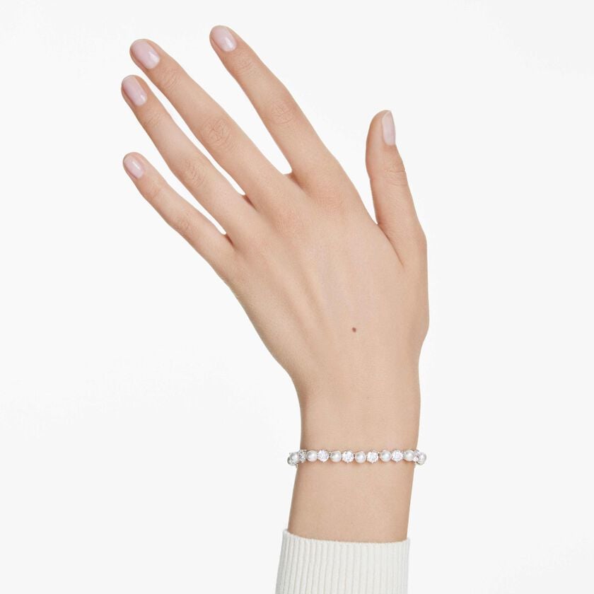 swarovski matrix tennis bracelet  crystal pearl  round cut  white  rhodium plated