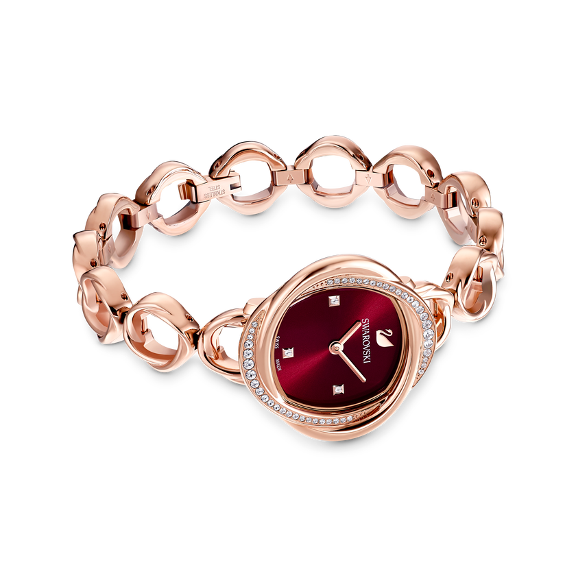 Crystal Flower Watch, Metal bracelet, Red, Rose-gold tone PVD