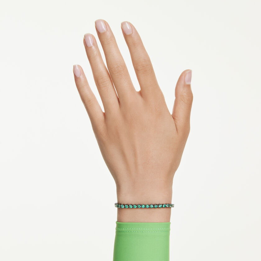 swarovski matrix tennis bracelet  round cut  green  ruthenium plated