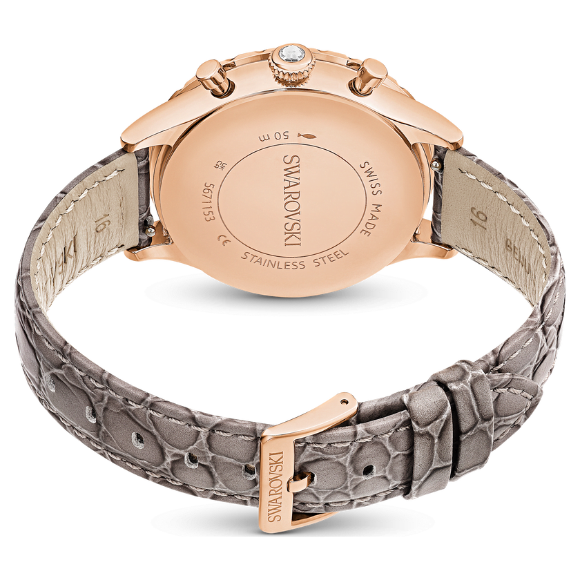 swarovski octea chrono watch  swiss made  leather strap  gray  rose gold tone finish