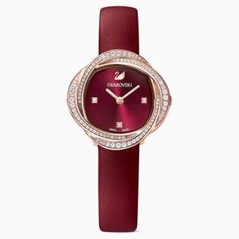 Crystal Flower Watch, Leather strap, Red, Rose-gold tone PVD