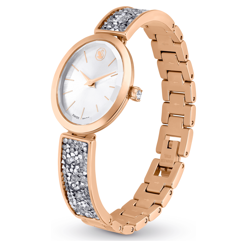 swarovski crystal rock oval watch  swiss made  metal bracelet  silver tone  rose gold tone finish